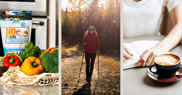 Image grid of Muskoka Mornings, a woman hiking and a latte