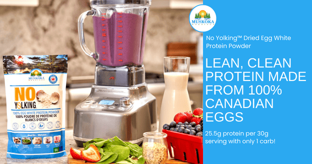 "Lean, Clean Protein made from 100% Canadian eggs" with a pic of a blender and smoothie