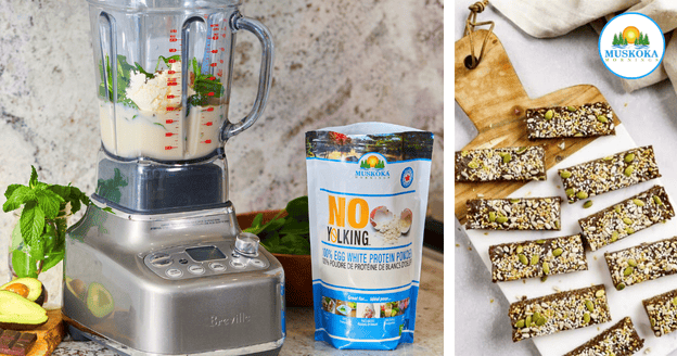 A blender making a smoothie using No Yolking protein