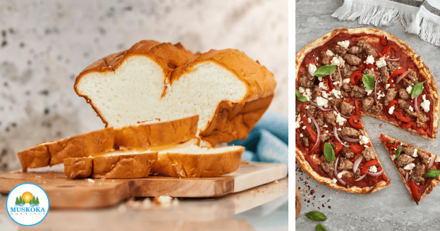 A collage of food (bread and pizza crust) made with No Yolking